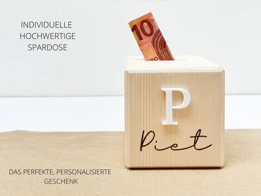 High quality individually personalized - a valuable gift for children's birthdays, christenings or other special occasions the wooden money box